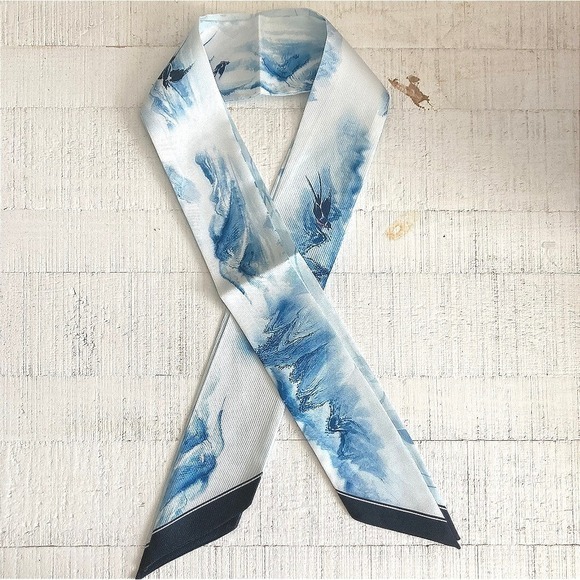 Boutique Accessories - Twilly purse bag 2 pcs skinny scarf set Blue white bird Art Satin Coastal Charm